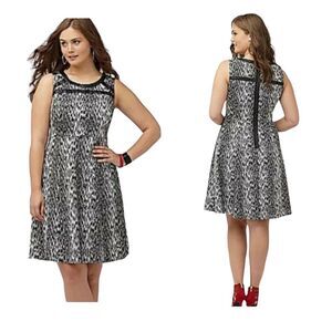 Lane Bryant Women's 16 Fit & Flare Leopard Print Dress Faux Leather Trim Black